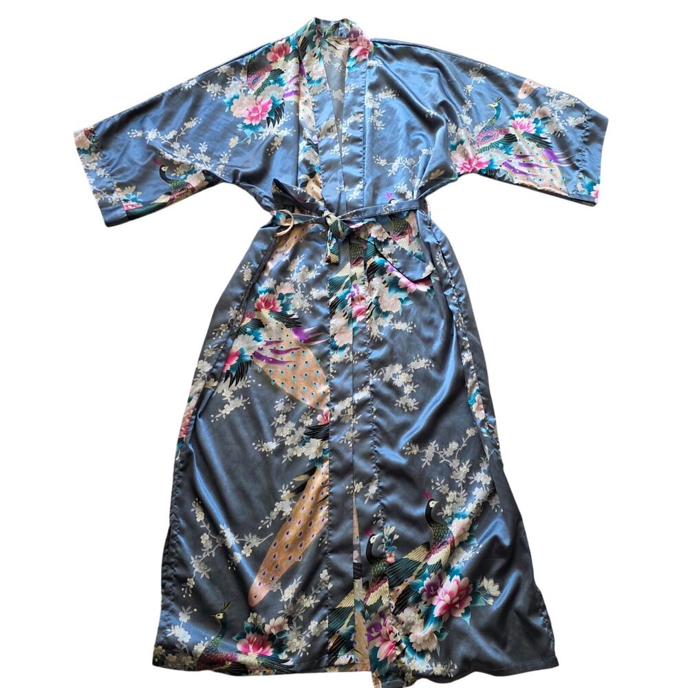 KIM+ONO Gray Peacock Floral Satin Kimono Robe Belted One Size
